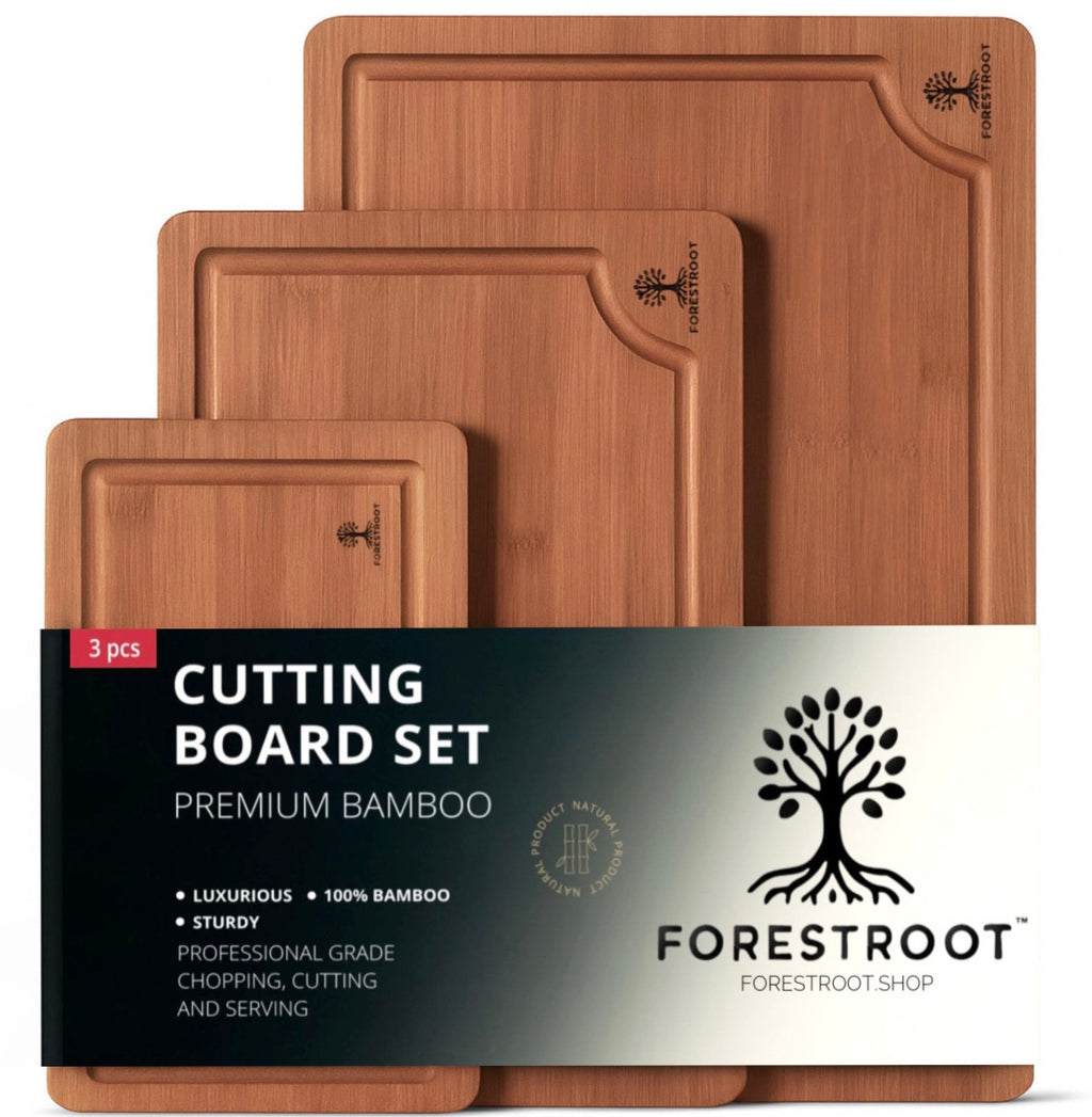 Forestroot Bamboo Cutting Board Set – 3-Piece Wooden Kitchen Boards for Meal Prep & Serving – Durable Bamboo with Deep Juice Groove & Side Handles – Great for Meat, Vegetables & Charcuterie(Brown)