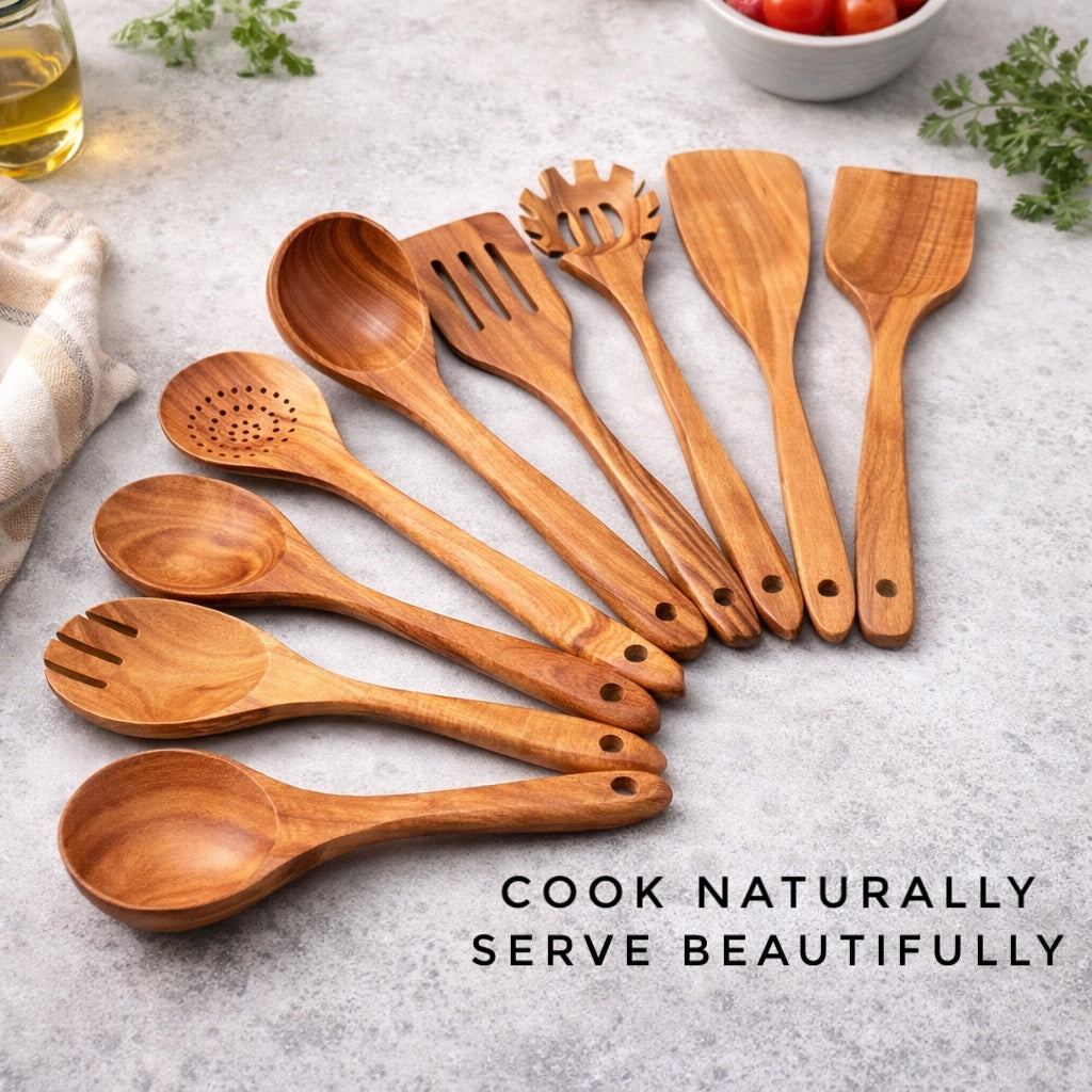 Forestroot 9-Piece Wooden Cooking Utensil Set – Premium Wood Kitchenware for Nonstick Cookware, Heat-Resistant & Durable Wooden Spoons and Spatulas – Eco-Friendly Kitchen Tools for Stirring & Serving