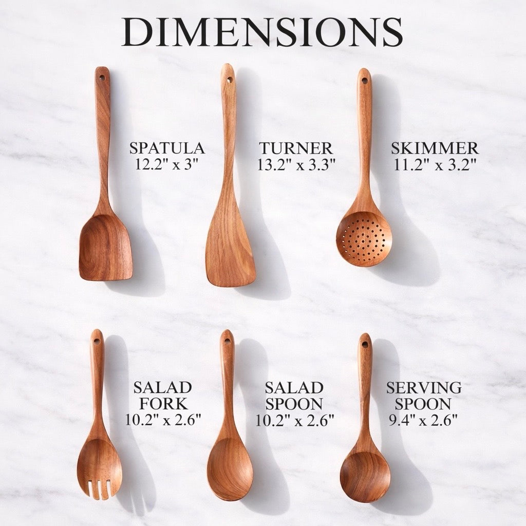 Forestroot 6-Piece Wooden Utensil Set – Premium Teak Wood Cooking Spoons & Spatulas, Non-Stick, Heat-Resistant, Durable & Eco-Friendly Kitchen Tools for Cooking & Serving