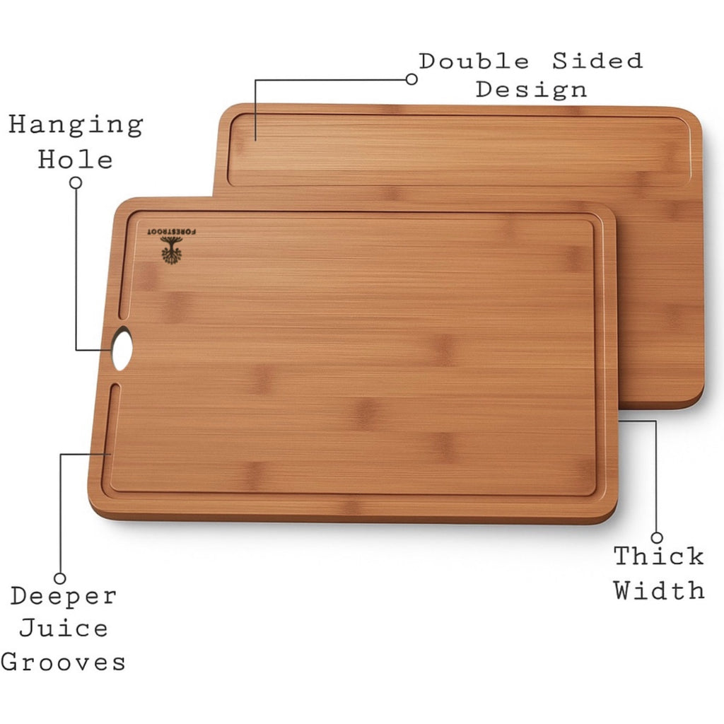 Forestroot Bamboo Cutting Board Set – Durable 3-Piece Carbonized Brown Bamboo Boards with Deep Juice Grooves & Hanging Holes, Eco-Friendly Wooden Cutting Boards for Meat, Vegetables & Fruits