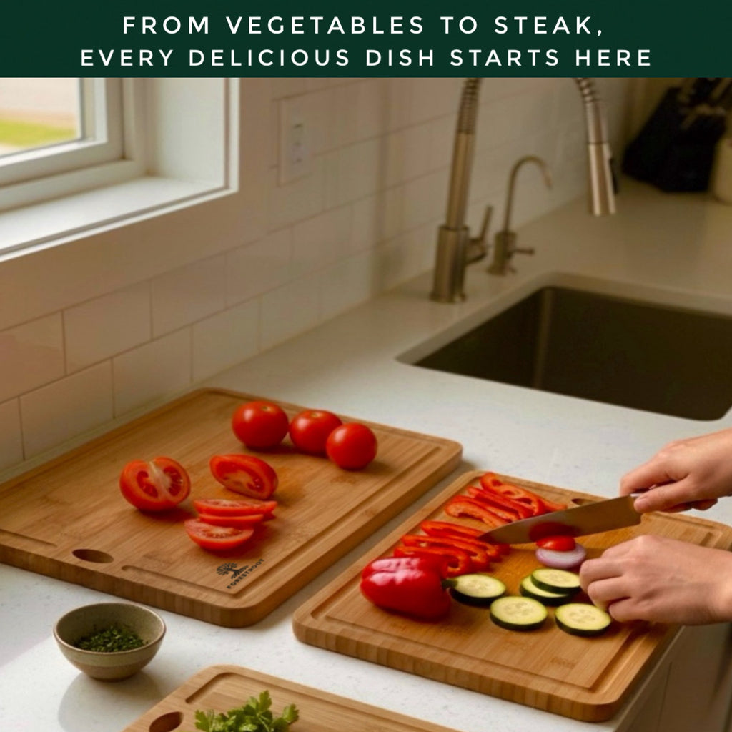 Forestroot Bamboo Cutting Board Set – Durable 3-Piece Carbonized Brown Bamboo Boards with Deep Juice Grooves & Hanging Holes, Eco-Friendly Wooden Cutting Boards for Meat, Vegetables & Fruits