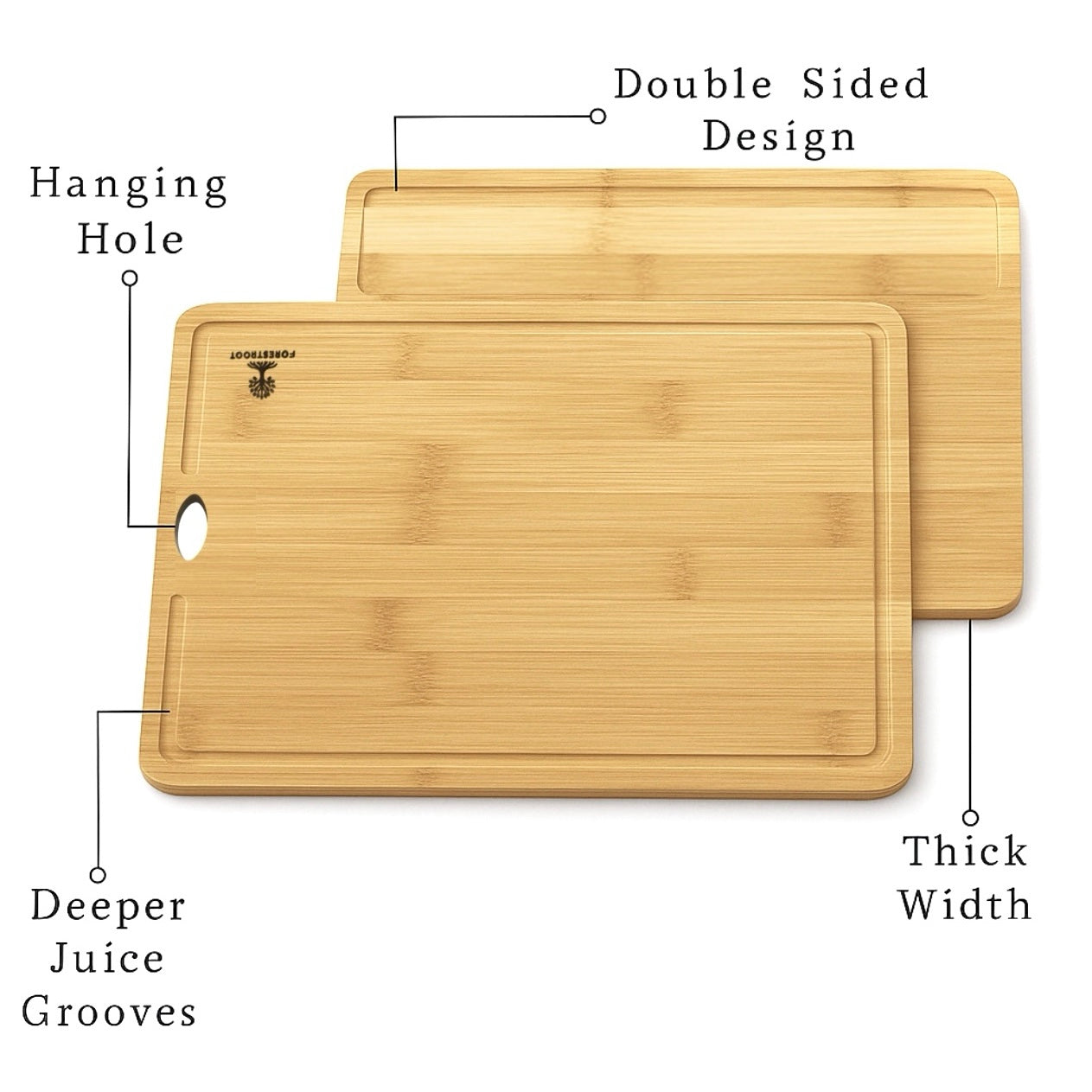 Forestroot Bamboo Cutting Board Set – 3-Piece Natural Bamboo Boards with Deep Juice Grooves & Hanging Holes, Eco-Friendly Wooden Cutting Boards for Kitchen, Perfect for Chopping Meat, Bread & Fruits