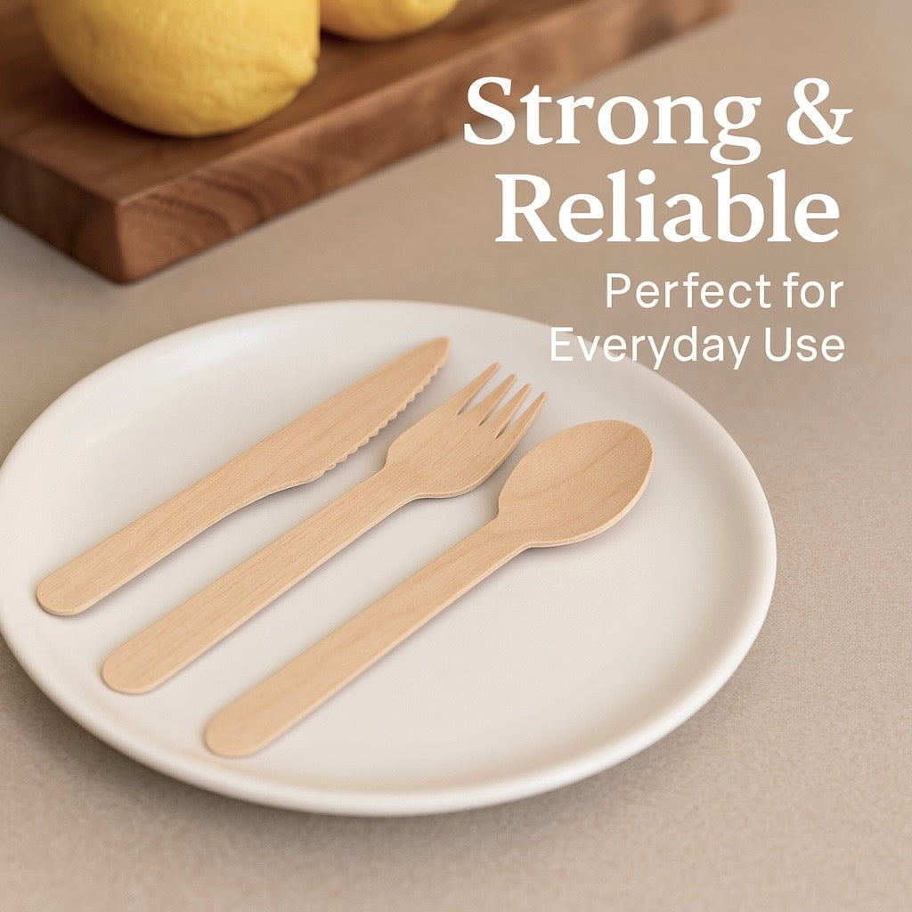 Forestroot Wooden Cutlery Set, 300 Pcs (120 Forks, 90 Spoons, 90 Knives) Eco-Friendly Disposable Wooden Utensils, Plastic-Free Compostable Party Cutlery, Sturdy & Smooth for Events, Picnics & Catering