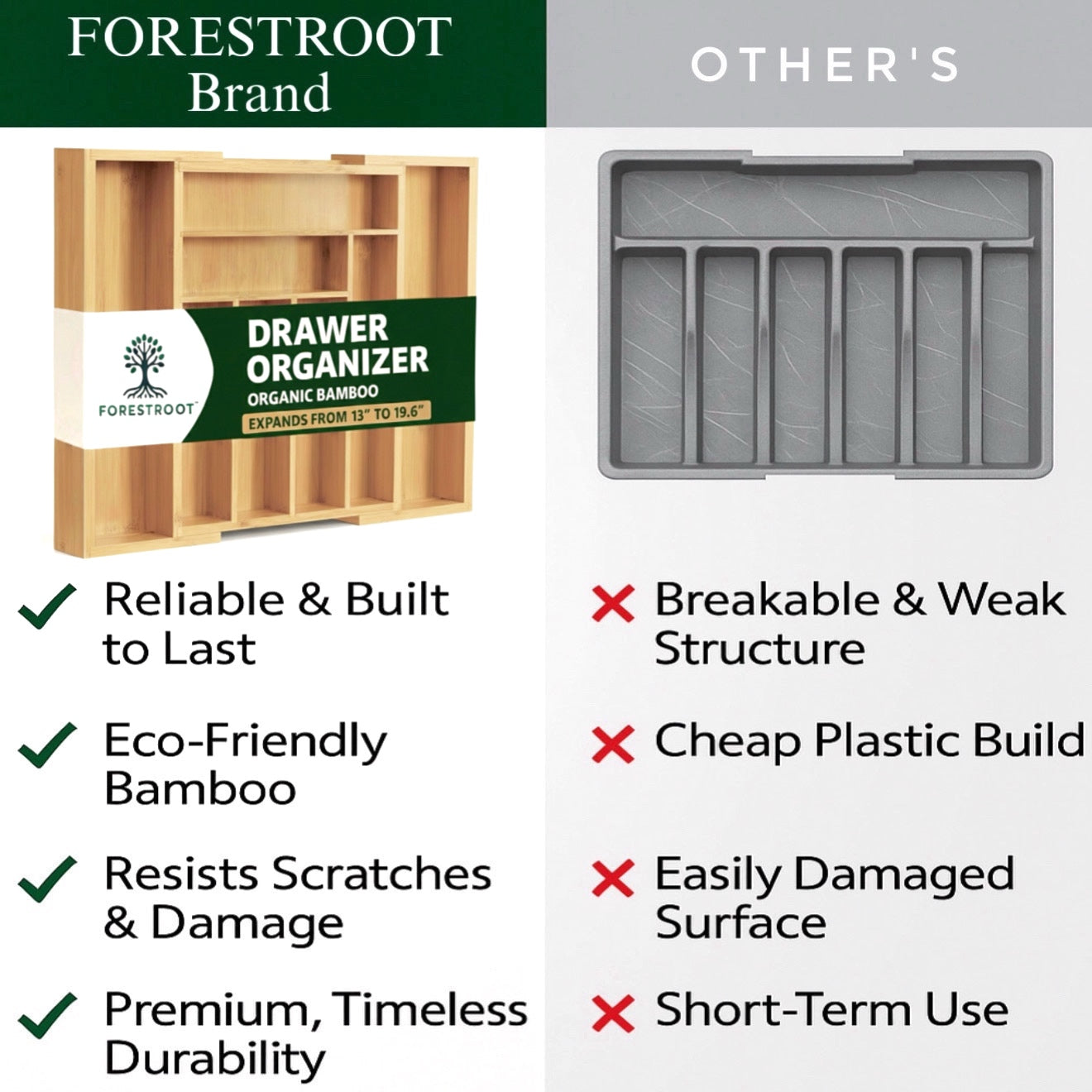 Forestroot Bamboo Drawer Organizer, Expandable 8-Slot Silverware & Utensil Tray for Kitchen Drawers, Fits 13–19.5 Inch Drawers, Deep Compartments, Durable & Eco-Friendly Natural Bamboo