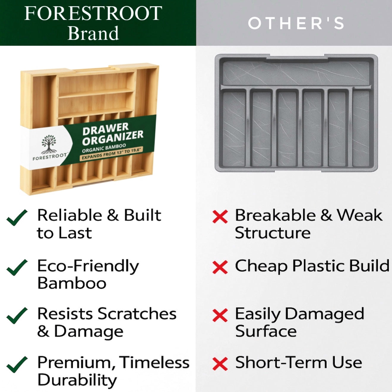 Forestroot Bamboo Drawer Organizer – Expandable 9 Slot Silverware & Utensil Tray for Kitchen, Office & Kitchen –Fits 13”–19.6” Drawers, Natural Bamboo Wood, Deep Compartments - Durable & Eco-Friendly