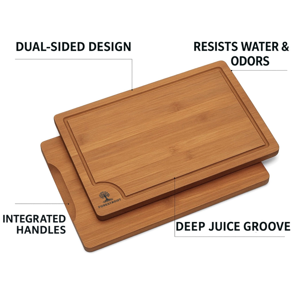 Forestroot Bamboo Cutting Board Set – 3-Piece Wooden Kitchen Boards for Meal Prep & Serving – Durable Bamboo with Deep Juice Groove & Side Handles – Great for Meat, Vegetables & Charcuterie(Brown)