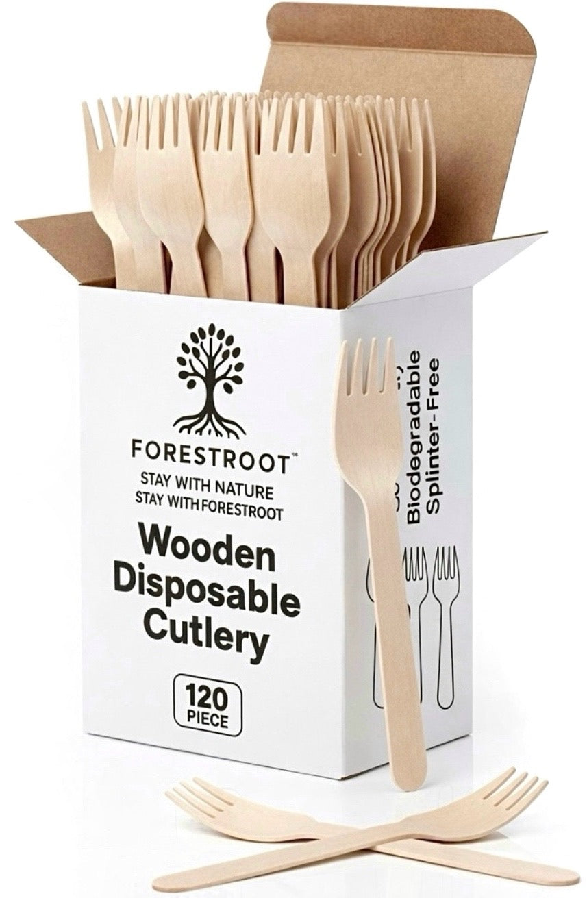 Forestroot Disposable Wooden Forks, 120 Pcs – Eco-Friendly Biodegradable Compostable Wooden Cutlery, Smooth & Splinter-Free Utensils for Parties, Picnics, Weddings, Camping & Catering