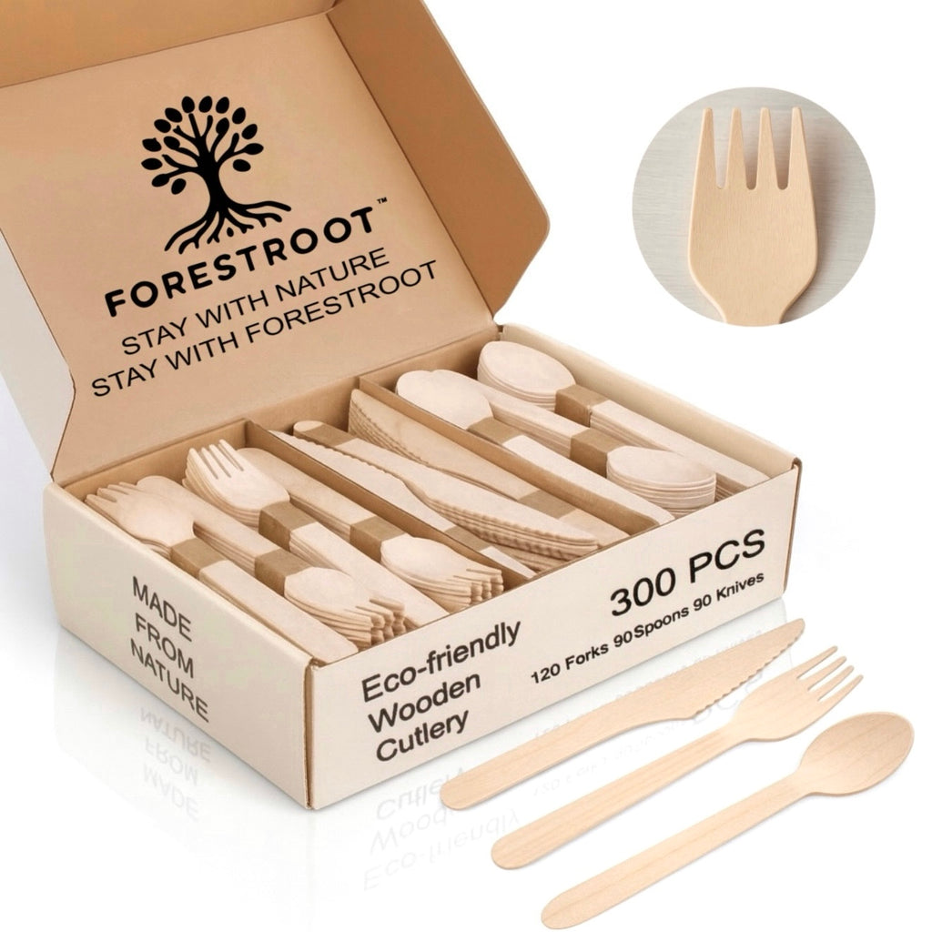 Forestroot Wooden Cutlery Set, 300 Pcs (120 Forks, 90 Spoons, 90 Knives) Eco-Friendly Disposable Wooden Utensils, Plastic-Free Compostable Party Cutlery, Sturdy & Smooth for Events, Picnics & Catering
