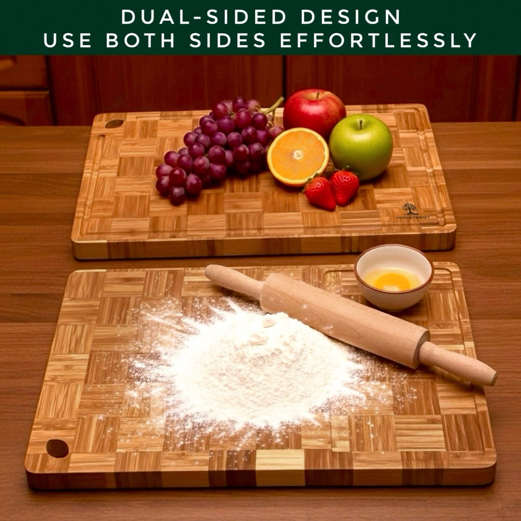 Forestroot Premium Bamboo Cutting Board-15x10 Inch - End Grain Heavy Duty Cutting Board with Juice Groove, Built-In Handle & Hanging Hole, Knife-Safe Chopping Board for Meat, Vegetables & Kitchen Prep