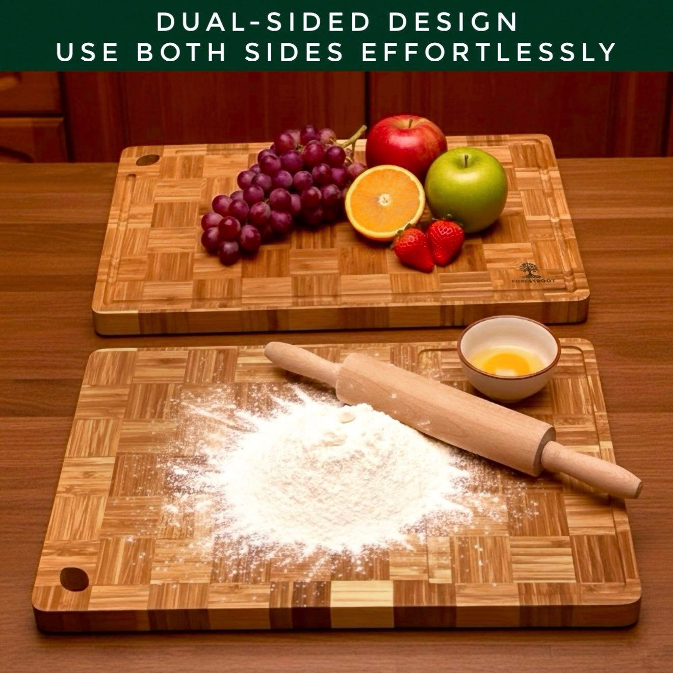 Forestroot Premium Bamboo Cutting Board-15x10 Inch - End Grain Heavy Duty Cutting Board with Juice Groove, Built-In Handle & Hanging Hole, Knife-Safe Chopping Board for Meat, Vegetables & Kitchen Prep