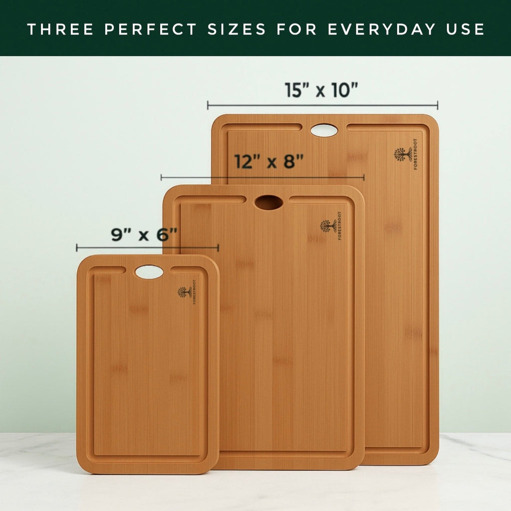 Forestroot Bamboo Cutting Board Set – Durable 3-Piece Carbonized Brown Bamboo Boards with Deep Juice Grooves & Hanging Holes, Eco-Friendly Wooden Cutting Boards for Meat, Vegetables & Fruits