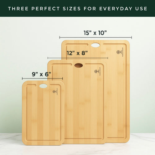Forestroot Bamboo Cutting Board Set – 3-Piece Natural Bamboo Boards with Deep Juice Grooves & Hanging Holes, Eco-Friendly Wooden Cutting Boards for Kitchen, Perfect for Chopping Meat, Bread & Fruits