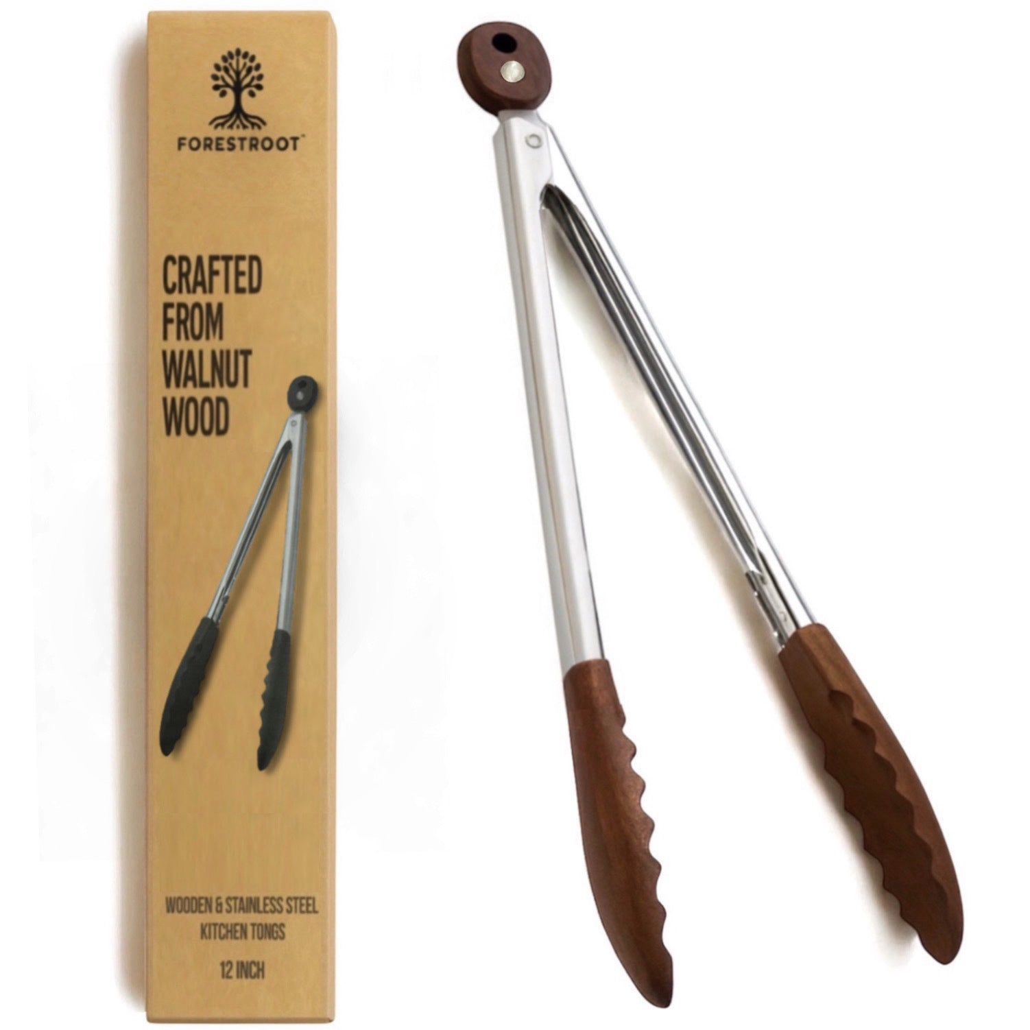 Forestroot Walnut Wood Kitchen Tongs – 12-Inch Nonstick-Safe Wooden Salad & Grill Tongs for Cooking, Serving, BBQ, and Tossing Salad – Durable Stainless Steel Core with Natural Wooden Tips