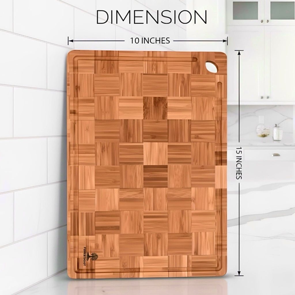 Forestroot Premium Bamboo Cutting Board-15x10 Inch - End Grain Heavy Duty Cutting Board with Juice Groove, Built-In Handle & Hanging Hole, Knife-Safe Chopping Board for Meat, Vegetables & Kitchen Prep