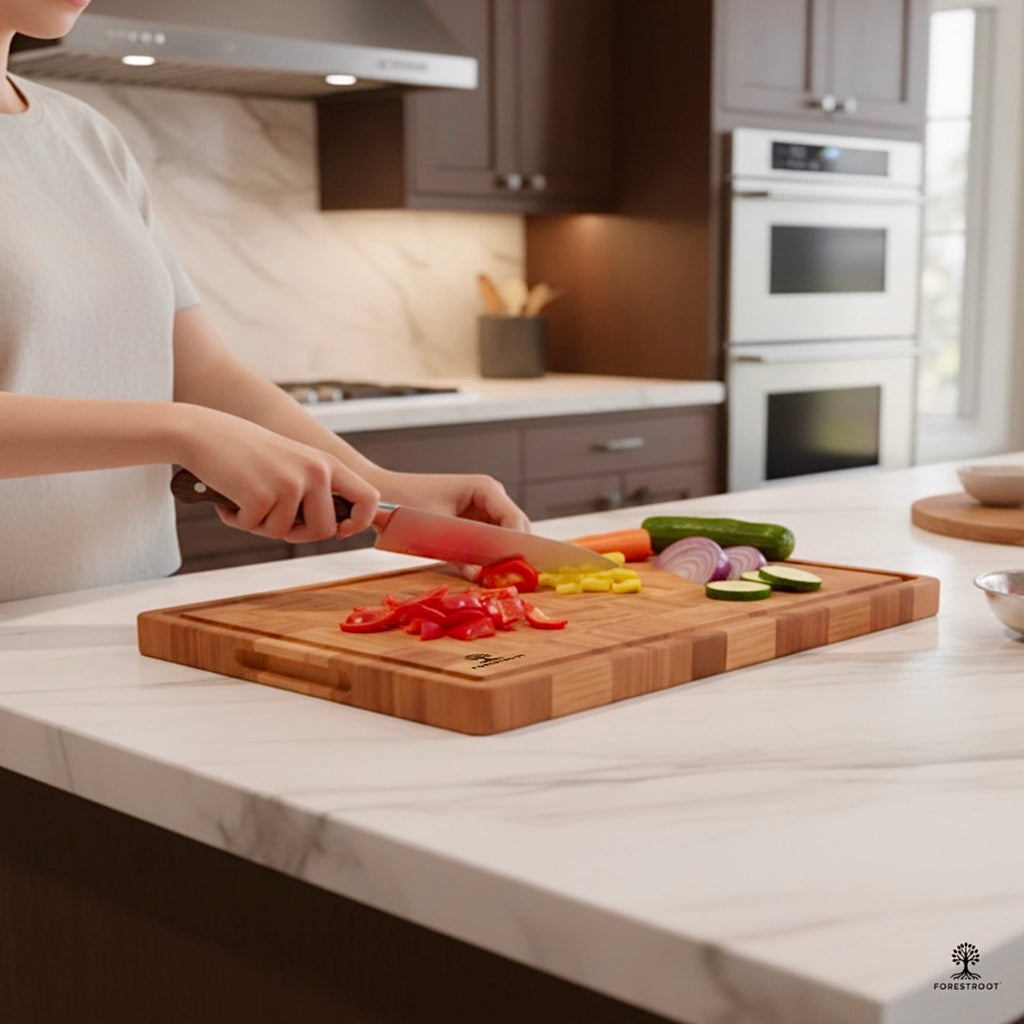 Forestroot Premium Bamboo Cutting Board-15x10 Inch - End Grain Heavy Duty Cutting Board with Juice Groove, Built-In Handle & Hanging Hole, Knife-Safe Chopping Board for Meat, Vegetables & Kitchen Prep