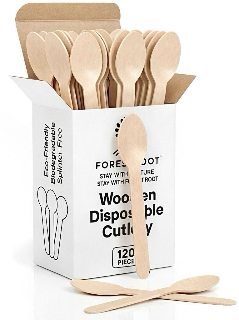 Forestroot Disposable Wooden Spoons, 120 Pcs – Eco-Friendly Biodegradable Compostable Wooden Cutlery, Smooth & Splinter-Free Utensils for Parties, Picnics, Weddings & Catering