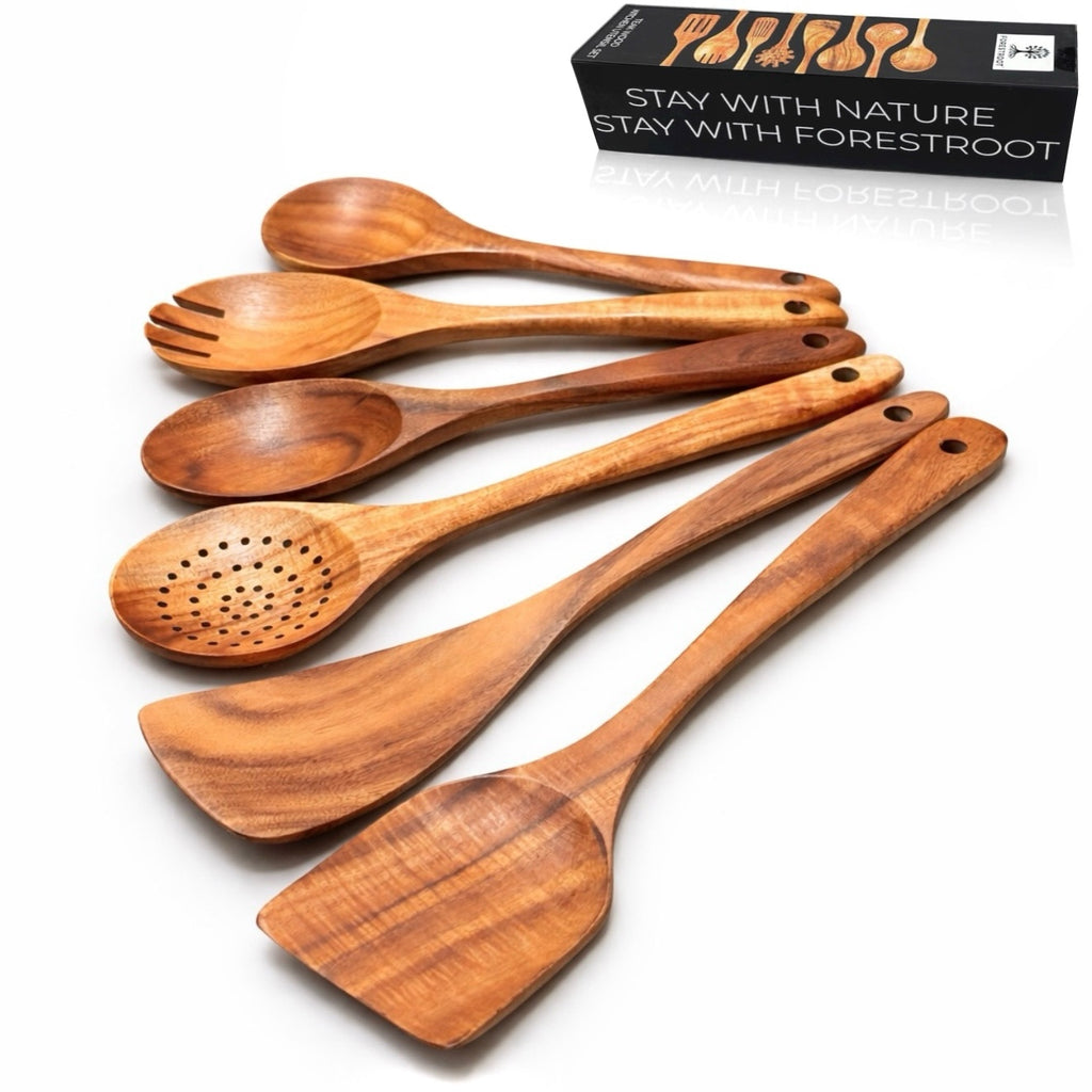 Forestroot 6-Piece Wooden Utensil Set – Premium Teak Wood Cooking Spoons & Spatulas, Non-Stick, Heat-Resistant, Durable & Eco-Friendly Kitchen Tools for Cooking & Serving