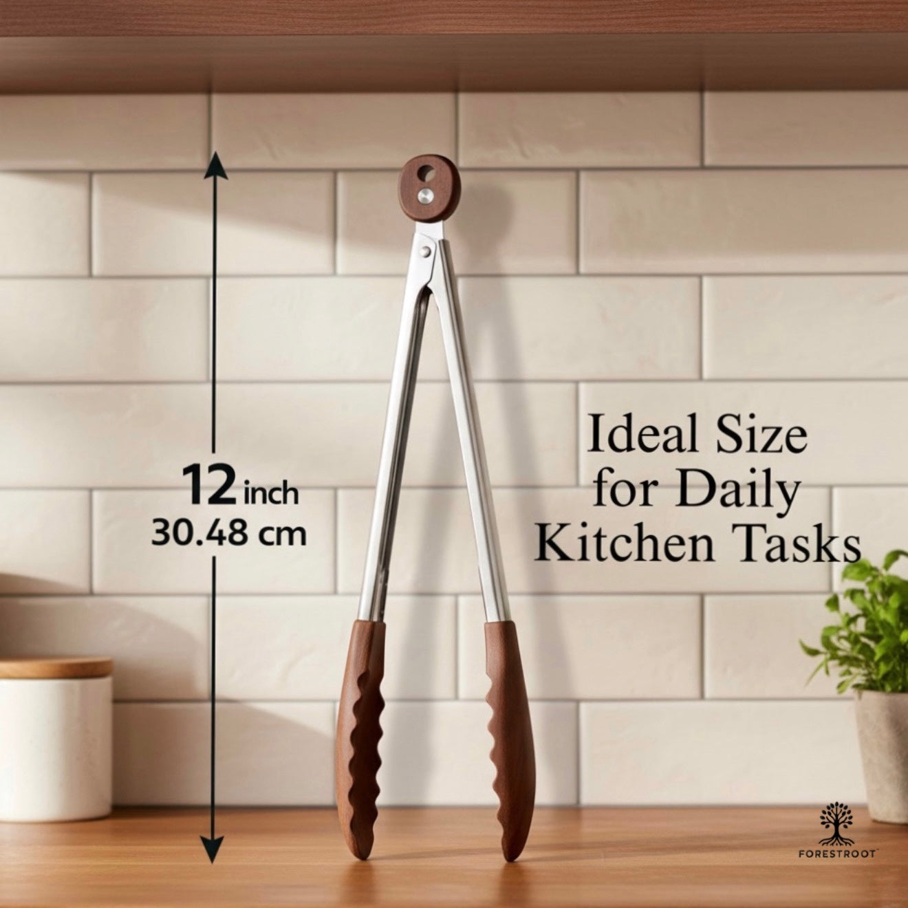 Forestroot Walnut Wood Kitchen Tongs – 12-Inch Nonstick-Safe Wooden Salad & Grill Tongs for Cooking, Serving, BBQ, and Tossing Salad – Durable Stainless Steel Core with Natural Wooden Tips