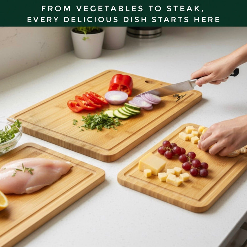 Forestroot Bamboo Cutting Board Set – 3-Piece Natural Bamboo Boards with Deep Juice Grooves & Hanging Holes, Eco-Friendly Wooden Cutting Boards for Kitchen, Perfect for Chopping Meat, Bread & Fruits