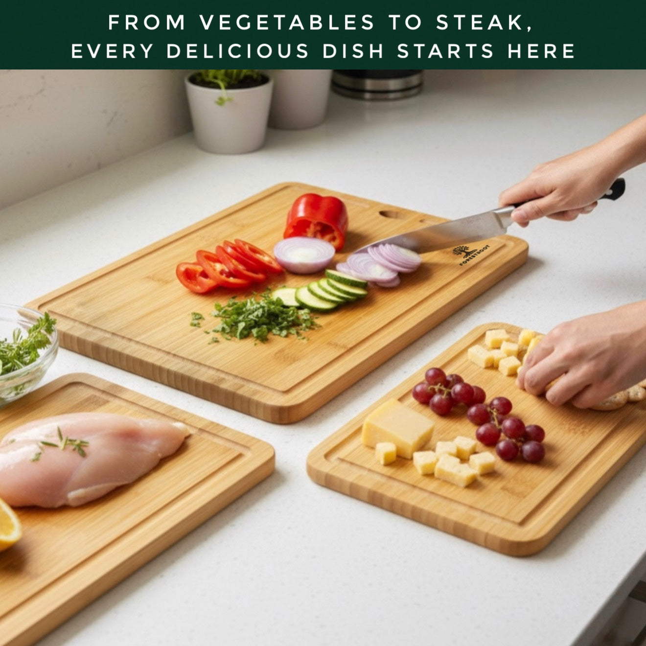 Forestroot Bamboo Cutting Board Set – 3-Piece Natural Bamboo Boards with Deep Juice Grooves & Hanging Holes, Eco-Friendly Wooden Cutting Boards for Kitchen, Perfect for Chopping Meat, Bread & Fruits