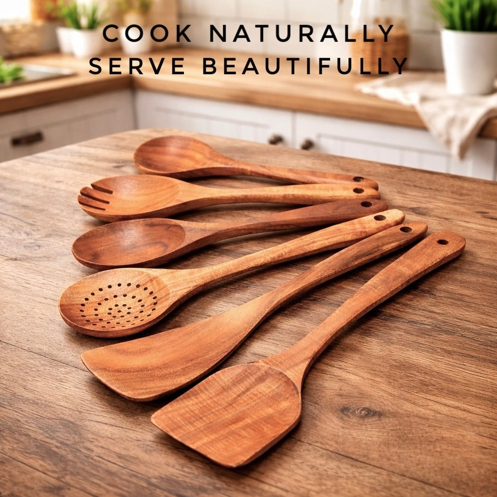 Forestroot 6-Piece Wooden Utensil Set – Premium Teak Wood Cooking Spoons & Spatulas, Non-Stick, Heat-Resistant, Durable & Eco-Friendly Kitchen Tools for Cooking & Serving