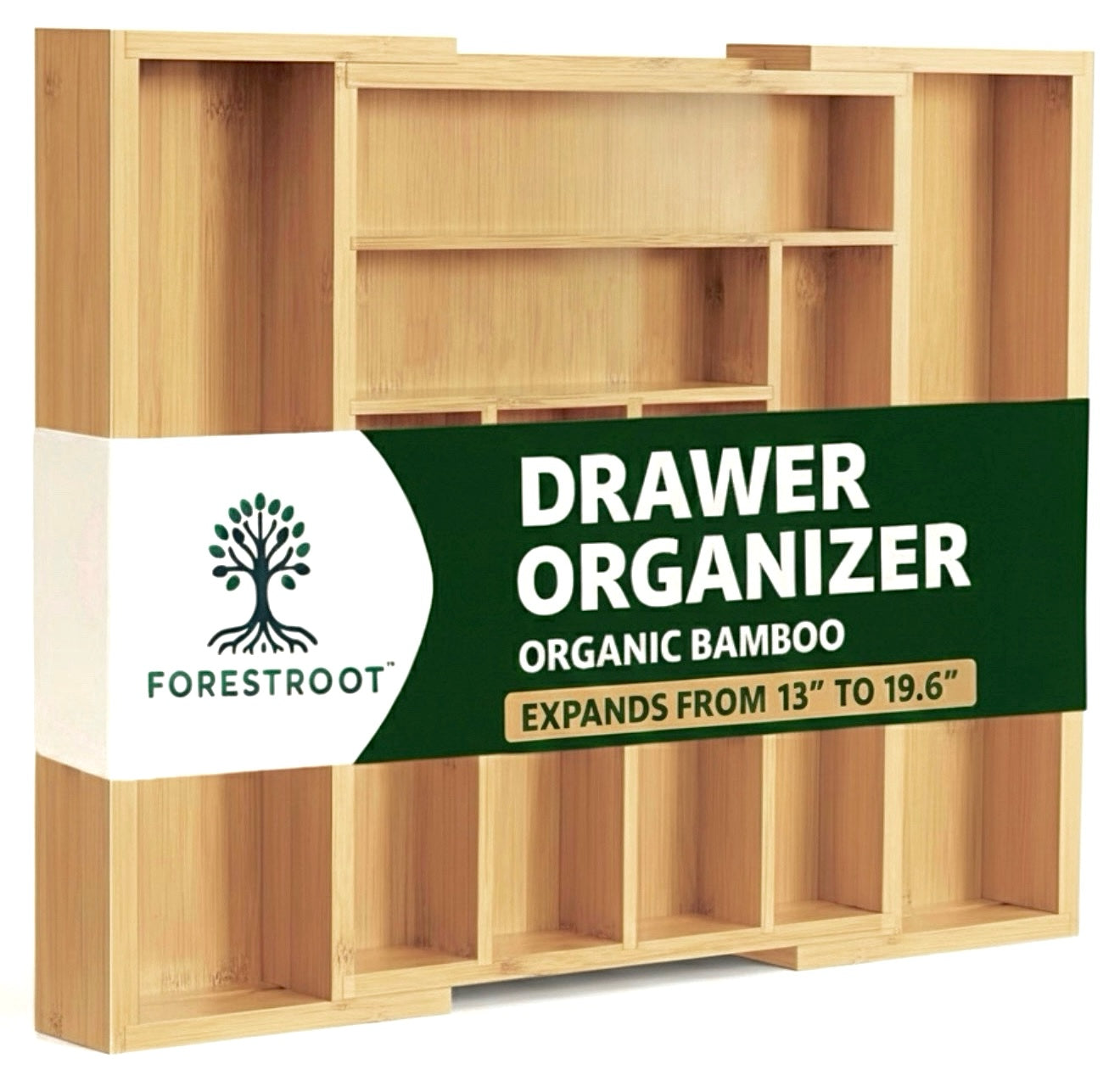 Forestroot Bamboo Drawer Organizer, Expandable 8-Slot Silverware & Utensil Tray for Kitchen Drawers, Fits 13–19.5 Inch Drawers, Deep Compartments, Durable & Eco-Friendly Natural Bamboo