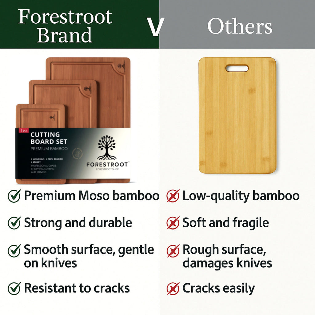 Forestroot Bamboo Cutting Board Set – 3-Piece Wooden Kitchen Boards for Meal Prep & Serving – Durable Bamboo with Deep Juice Groove & Side Handles – Great for Meat, Vegetables & Charcuterie(Brown)
