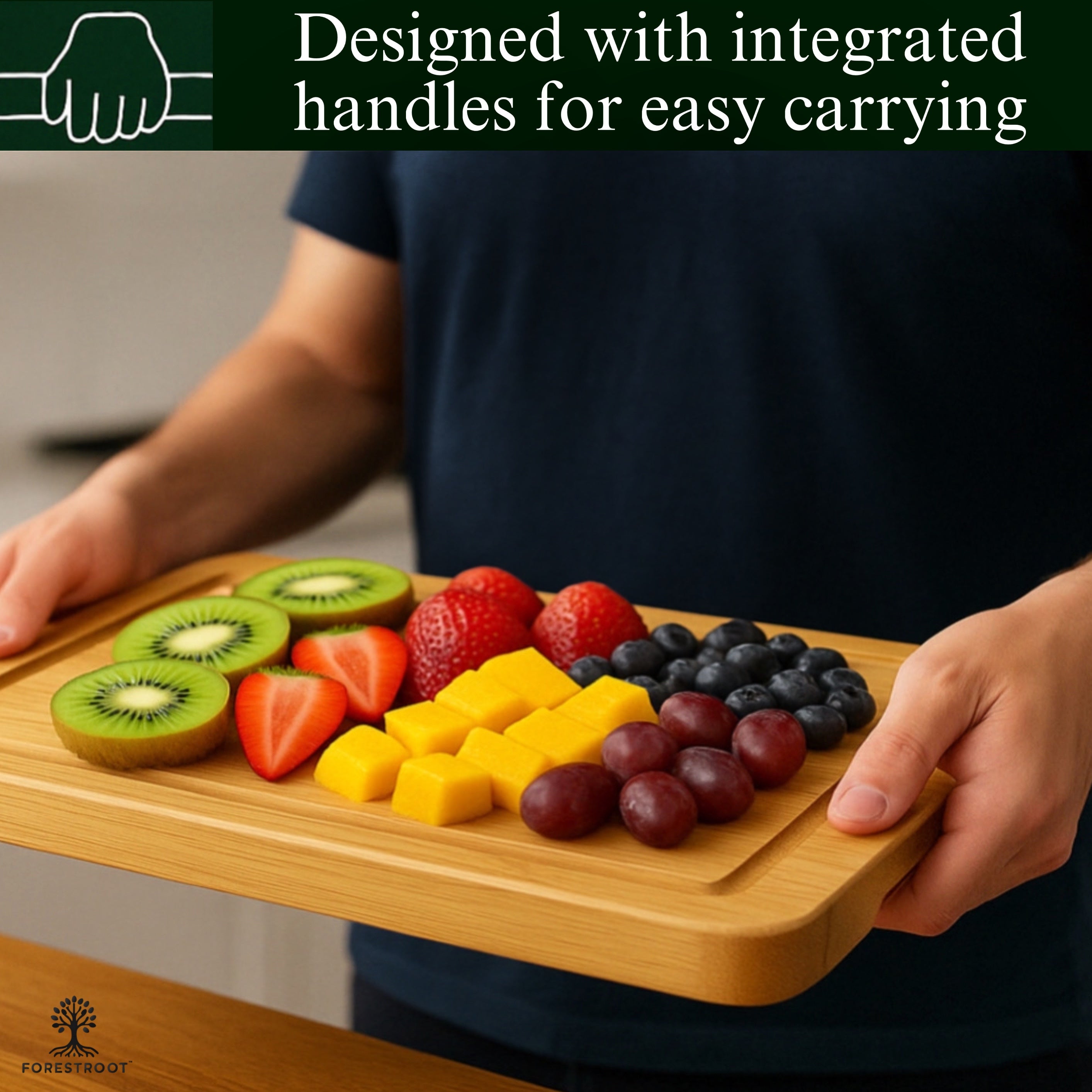 Forestroot Bamboo Cutting Board Set – 3-Piece Wooden Kitchen Boards for Meal Prep & Serving – Durable Bamboo with Deep Juice Groove & Side Handles – Great for Meat, Vegetables & Charcuterie