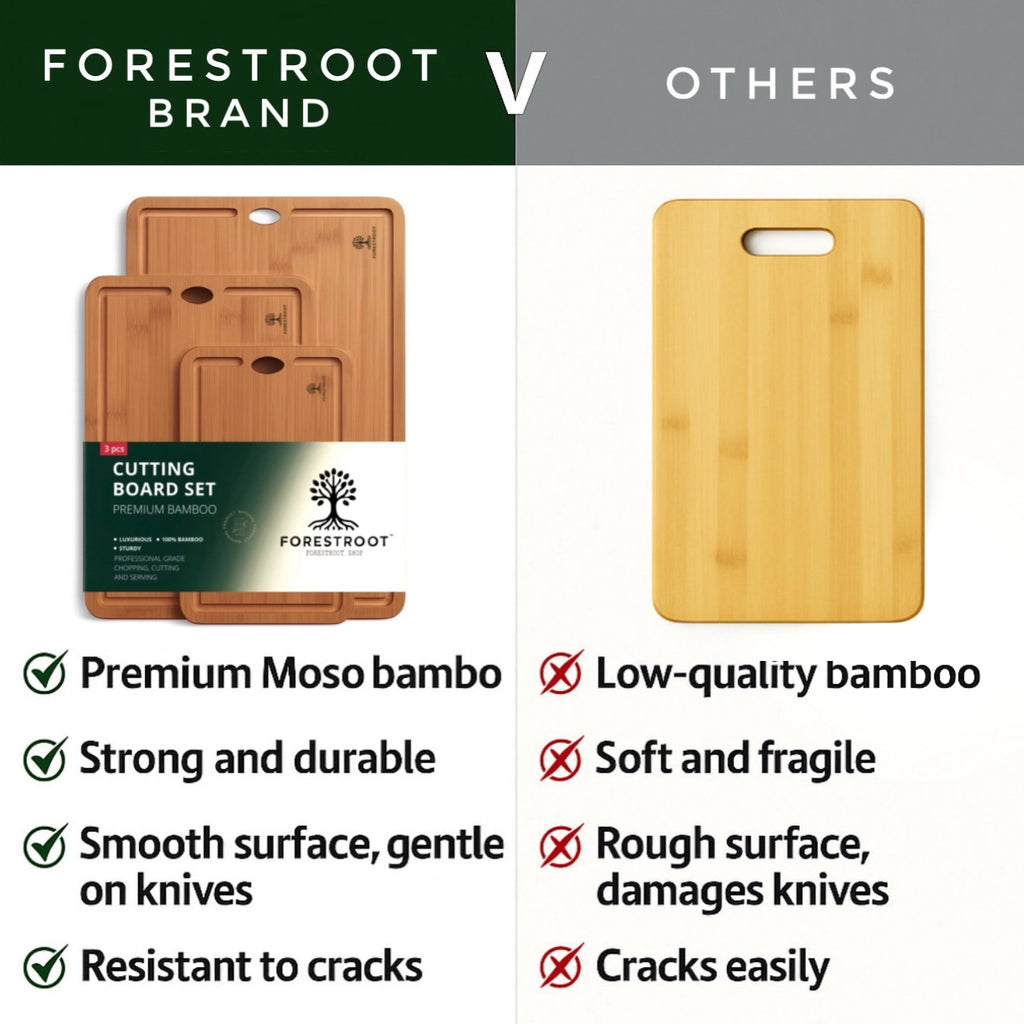 Forestroot Bamboo Cutting Board Set – Durable 3-Piece Carbonized Brown Bamboo Boards with Deep Juice Grooves & Hanging Holes, Eco-Friendly Wooden Cutting Boards for Meat, Vegetables & Fruits