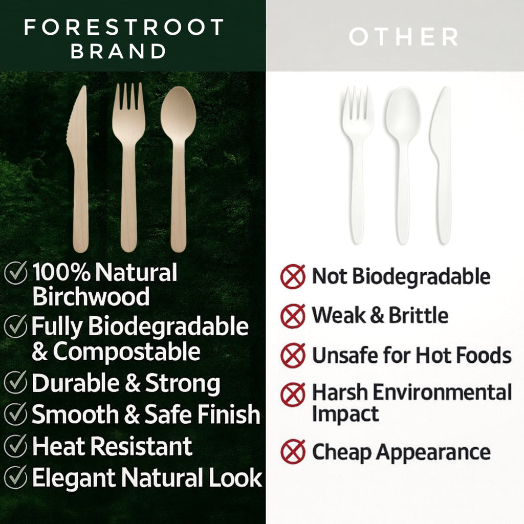 Forestroot Wooden Cutlery Set, 300 Pcs (120 Forks, 90 Spoons, 90 Knives) Eco-Friendly Disposable Wooden Utensils, Plastic-Free Compostable Party Cutlery, Sturdy & Smooth for Events, Picnics & Catering