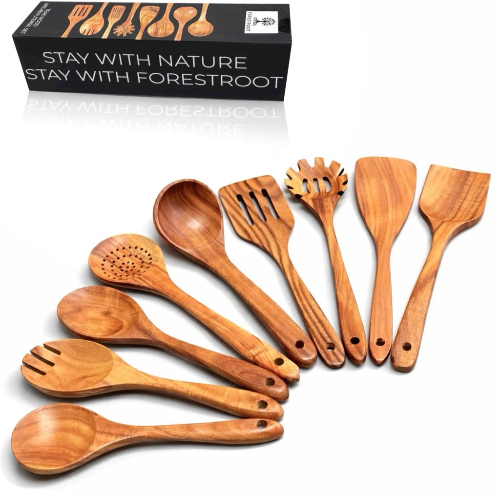Forestroot 9-Piece Wooden Cooking Utensil Set – Premium Wood Kitchenware for Nonstick Cookware, Heat-Resistant & Durable Wooden Spoons and Spatulas – Eco-Friendly Kitchen Tools for Stirring & Serving