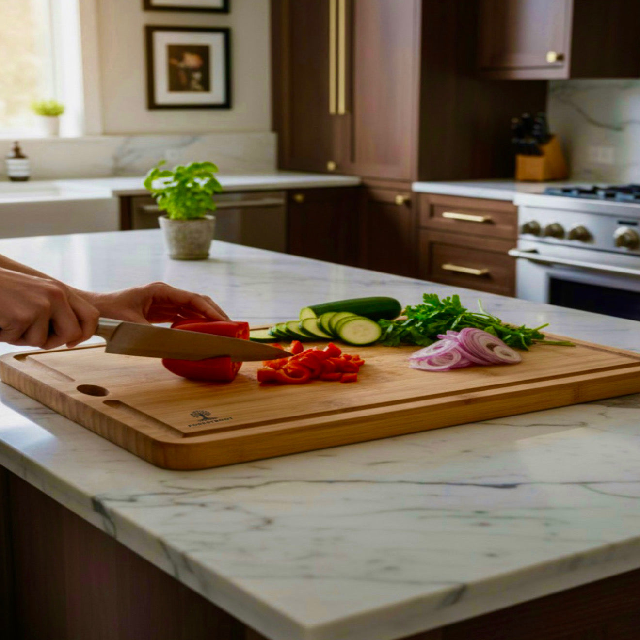 Forestroot Bamboo Cutting Board Set – Durable 3-Piece Carbonized Brown Bamboo Boards with Deep Juice Grooves & Hanging Holes, Eco-Friendly Wooden Cutting Boards for Meat, Vegetables & Fruits