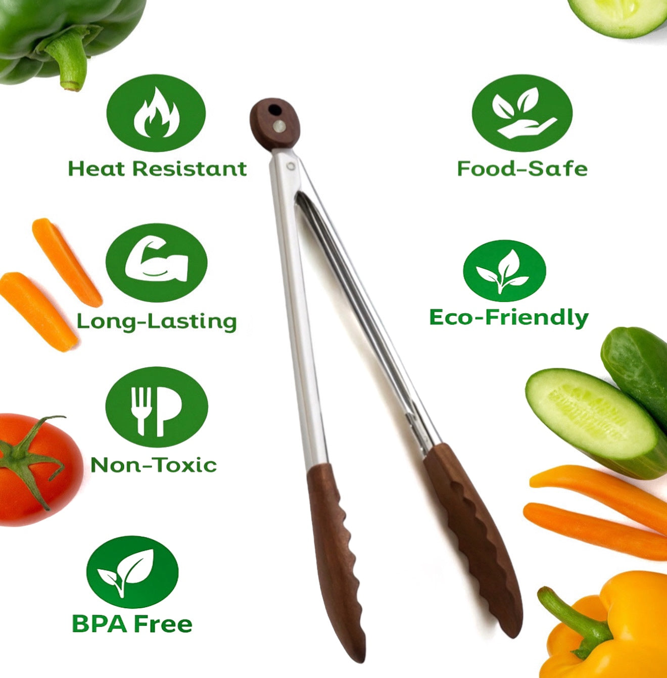 Forestroot Walnut Wood Kitchen Tongs – 12-Inch Nonstick-Safe Wooden Salad & Grill Tongs for Cooking, Serving, BBQ, and Tossing Salad – Durable Stainless Steel Core with Natural Wooden Tips