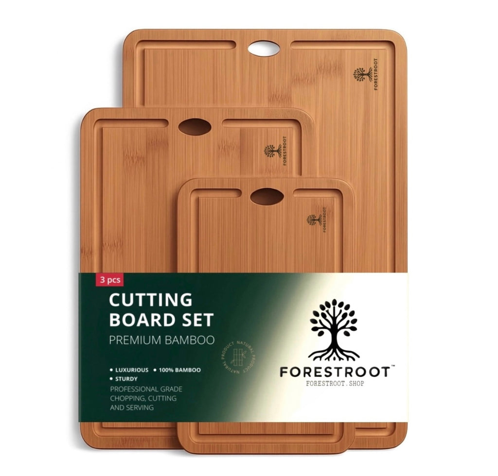 Forestroot Bamboo Cutting Board Set – Durable 3-Piece Carbonized Brown Bamboo Boards with Deep Juice Grooves & Hanging Holes, Eco-Friendly Wooden Cutting Boards for Meat, Vegetables & Fruits