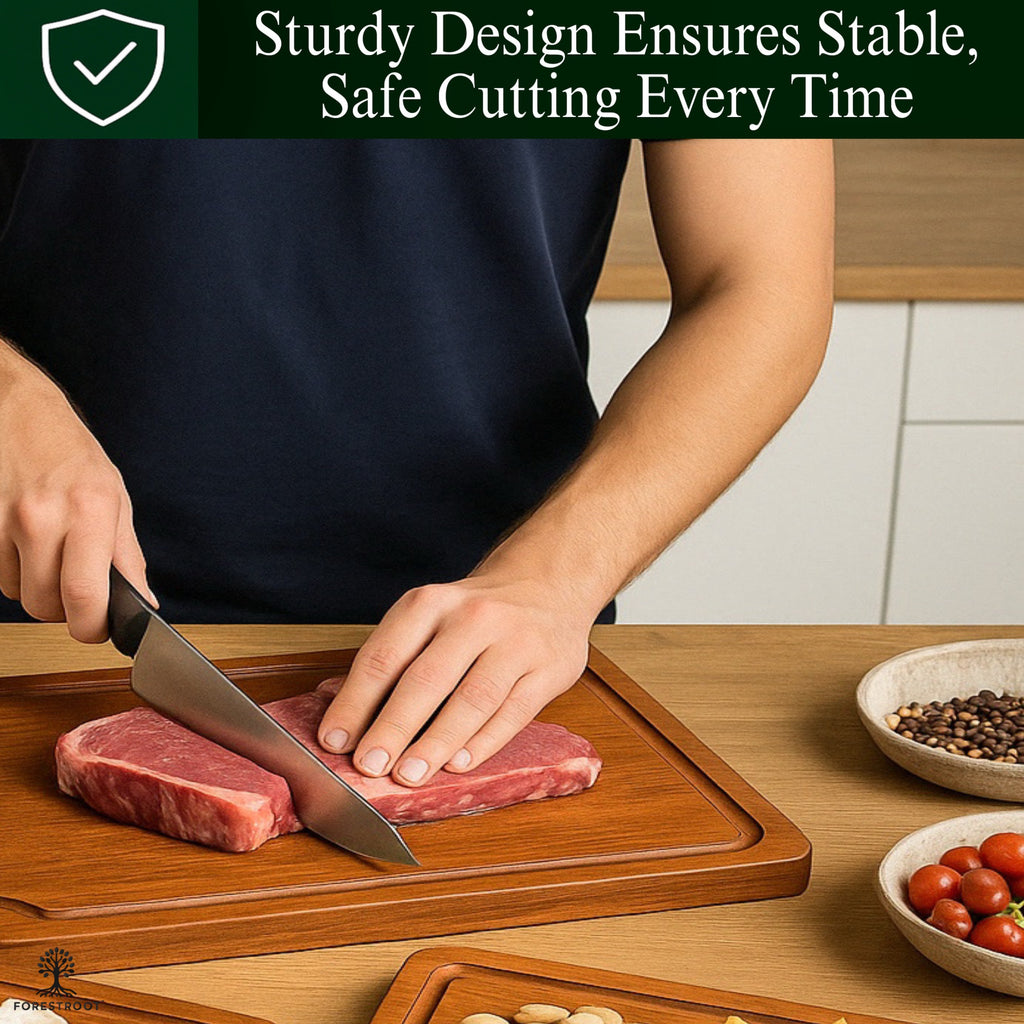 Forestroot Bamboo Cutting Board Set – 3-Piece Wooden Kitchen Boards for Meal Prep & Serving – Durable Bamboo with Deep Juice Groove & Side Handles – Great for Meat, Vegetables & Charcuterie(Brown)