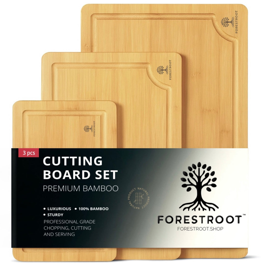 Forestroot Bamboo Cutting Board Set – 3-Piece Wooden Kitchen Boards for Meal Prep & Serving – Durable Bamboo with Deep Juice Groove & Side Handles – Great for Meat, Vegetables & Charcuterie