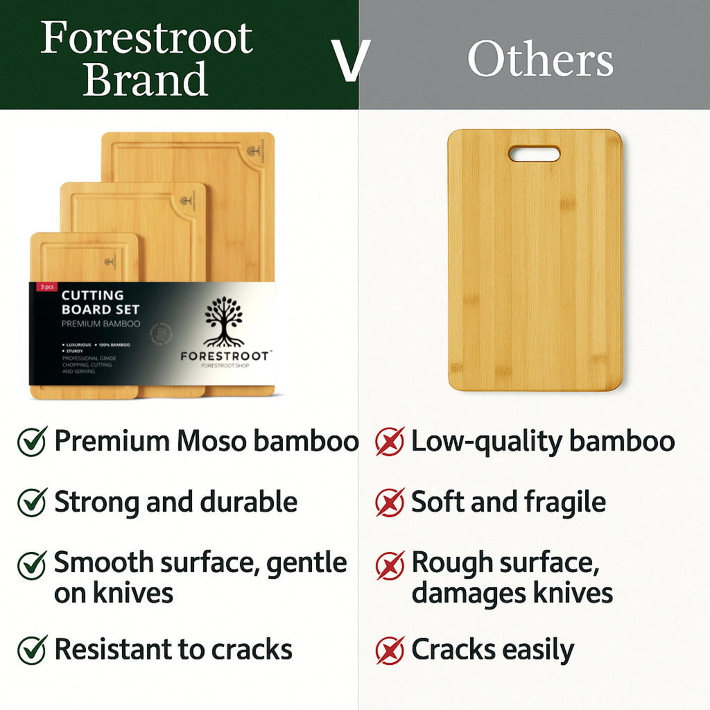 Forestroot Bamboo Cutting Board Set – 3-Piece Wooden Kitchen Boards for Meal Prep & Serving – Durable Bamboo with Deep Juice Groove & Side Handles – Great for Meat, Vegetables & Charcuterie