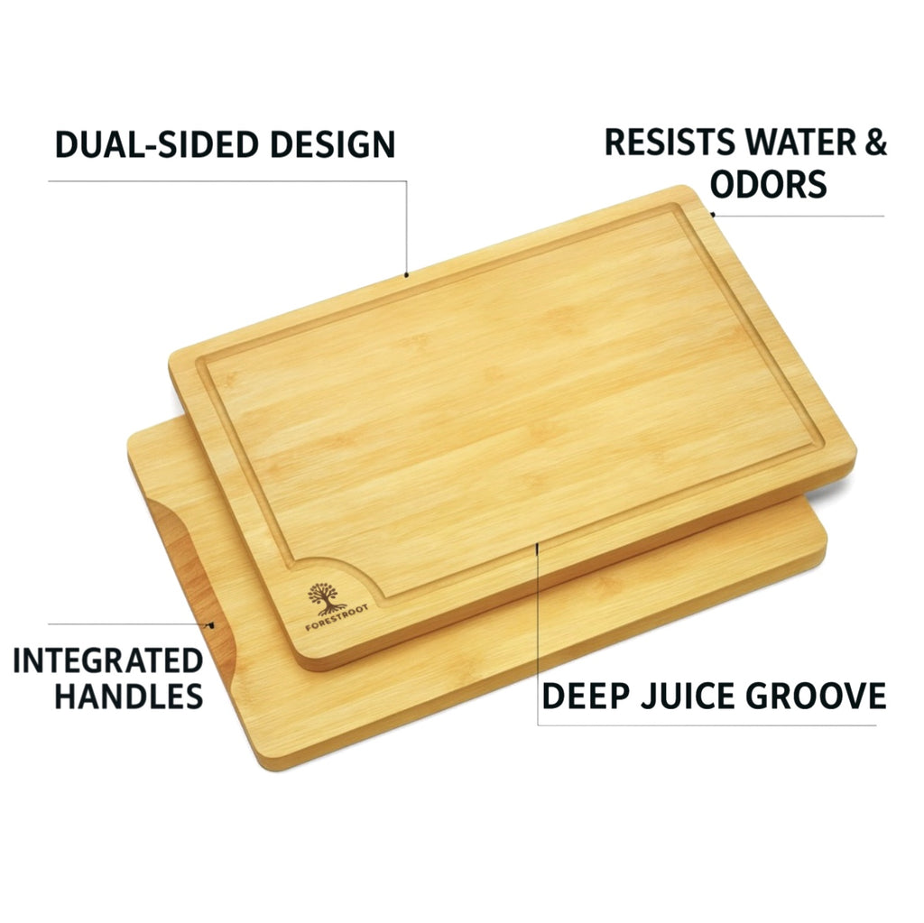 Forestroot Bamboo Cutting Board Set – 3-Piece Wooden Kitchen Boards for Meal Prep & Serving – Durable Bamboo with Deep Juice Groove & Side Handles – Great for Meat, Vegetables & Charcuterie