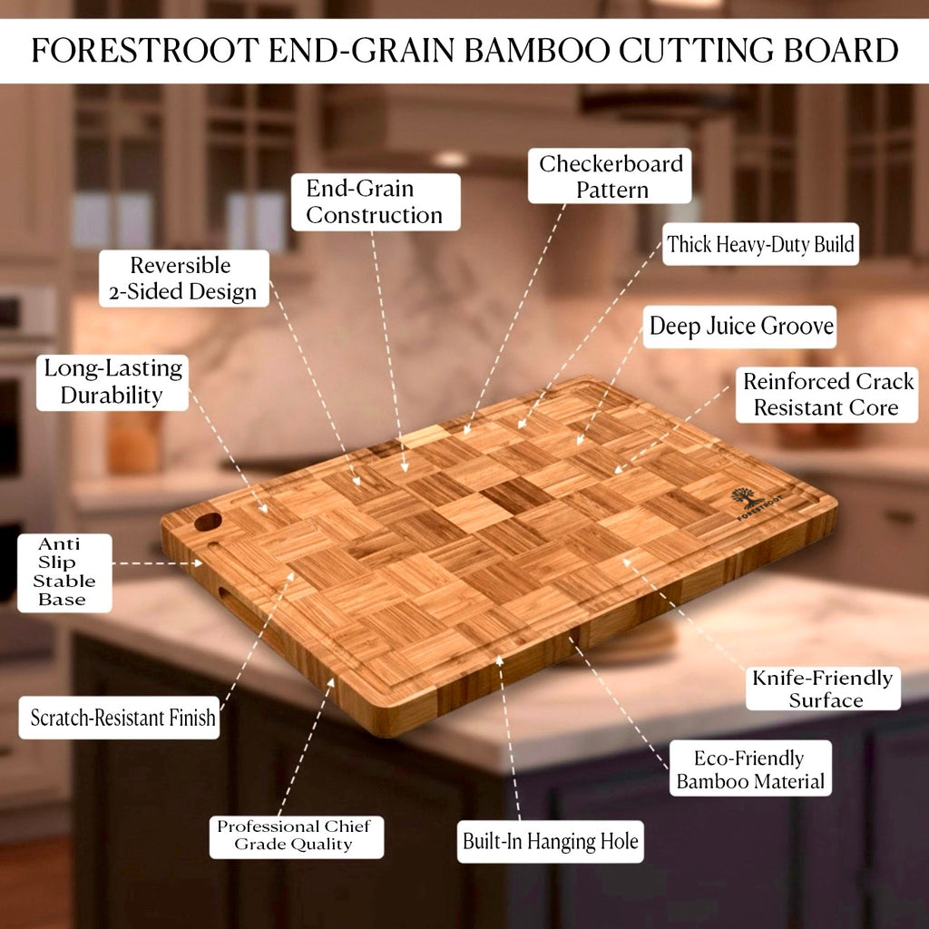 Forestroot Premium Bamboo Cutting Board-15x10 Inch - End Grain Heavy Duty Cutting Board with Juice Groove, Built-In Handle & Hanging Hole, Knife-Safe Chopping Board for Meat, Vegetables & Kitchen Prep