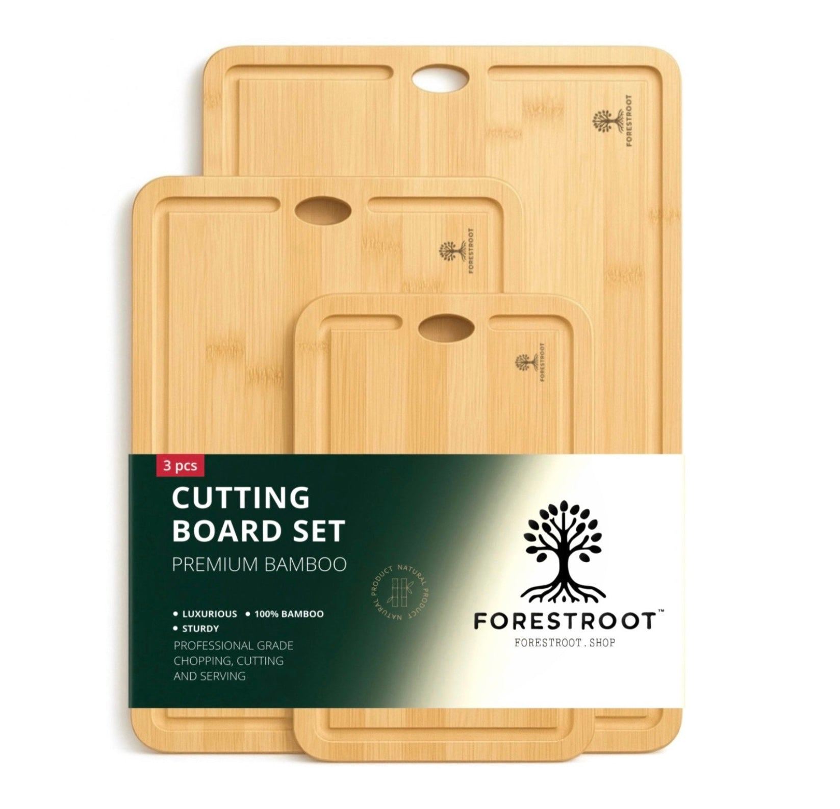 Forestroot Bamboo Cutting Board Set – 3-Piece Natural Bamboo Boards with Deep Juice Grooves & Hanging Holes, Eco-Friendly Wooden Cutting Boards for Kitchen, Perfect for Chopping Meat, Bread & Fruits