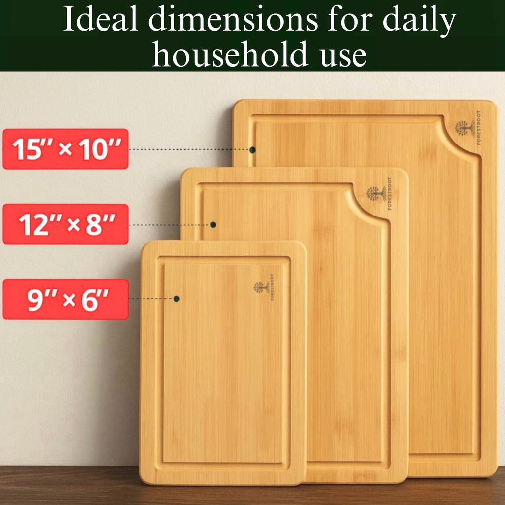 Forestroot Bamboo Cutting Board Set – 3-Piece Wooden Kitchen Boards for Meal Prep & Serving – Durable Bamboo with Deep Juice Groove & Side Handles – Great for Meat, Vegetables & Charcuterie