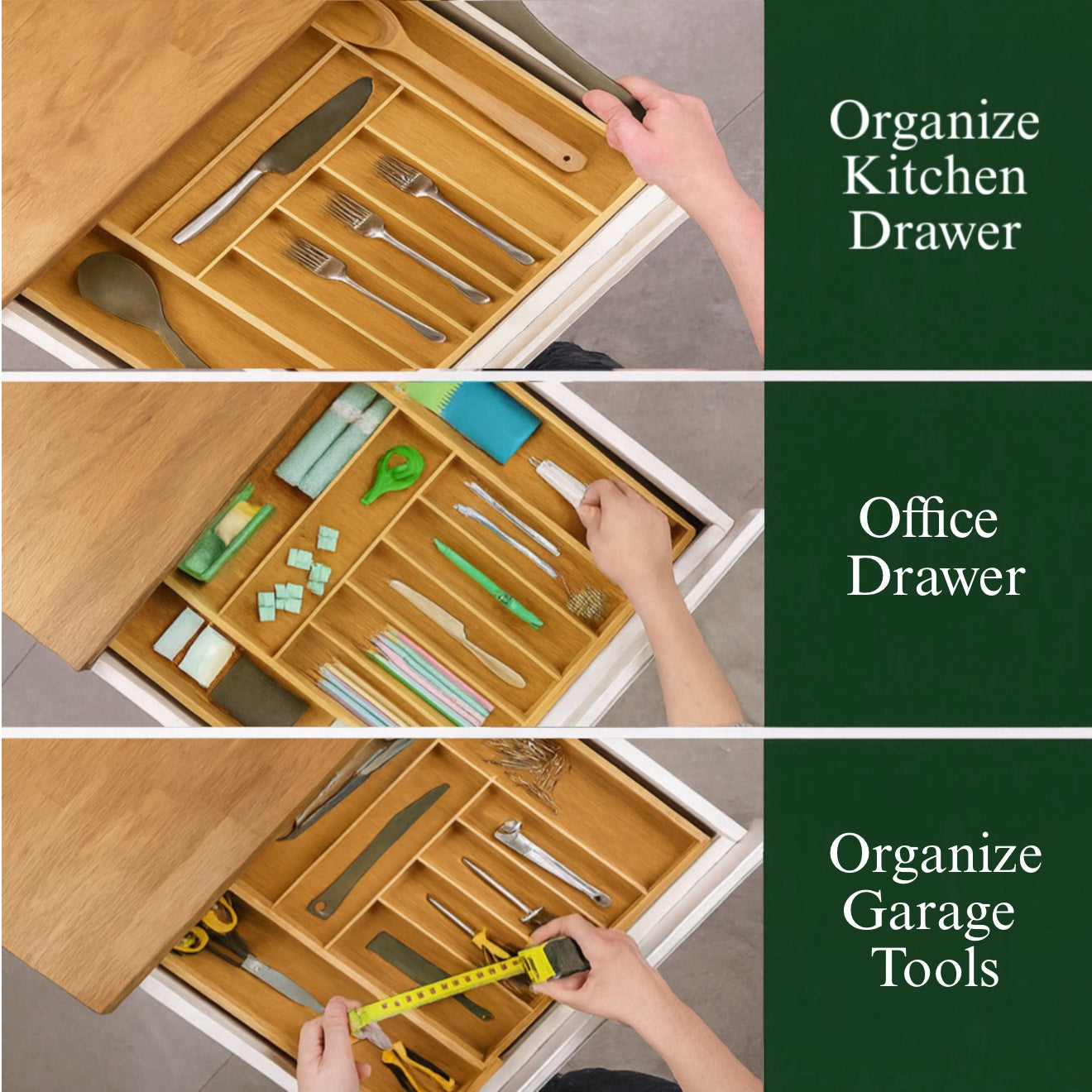 Forestroot Bamboo Drawer Organizer – Expandable 9 Slot Silverware & Utensil Tray for Kitchen, Office & Kitchen –Fits 13”–19.6” Drawers, Natural Bamboo Wood, Deep Compartments - Durable & Eco-Friendly