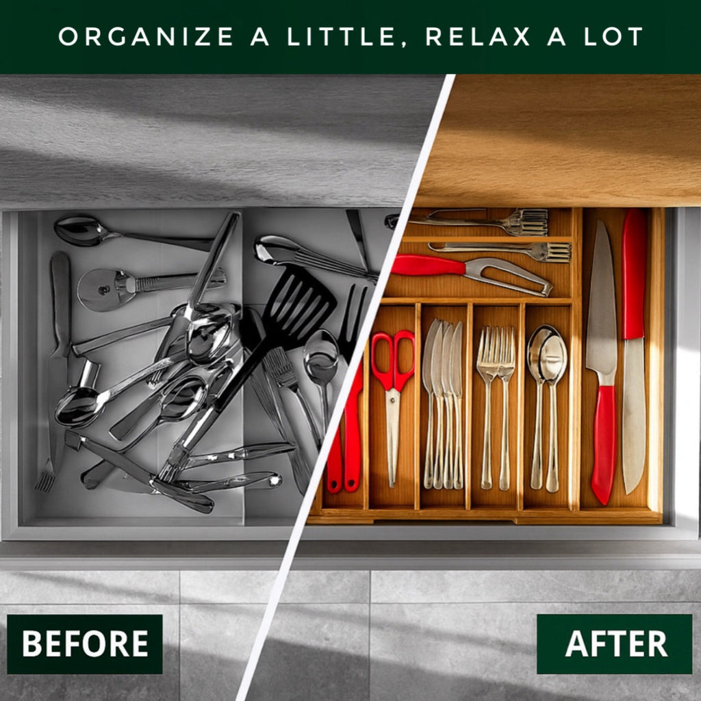 Forestroot Bamboo Drawer Organizer – Expandable 9 Slot Silverware & Utensil Tray for Kitchen, Office & Kitchen –Fits 13”–19.6” Drawers, Natural Bamboo Wood, Deep Compartments - Durable & Eco-Friendly