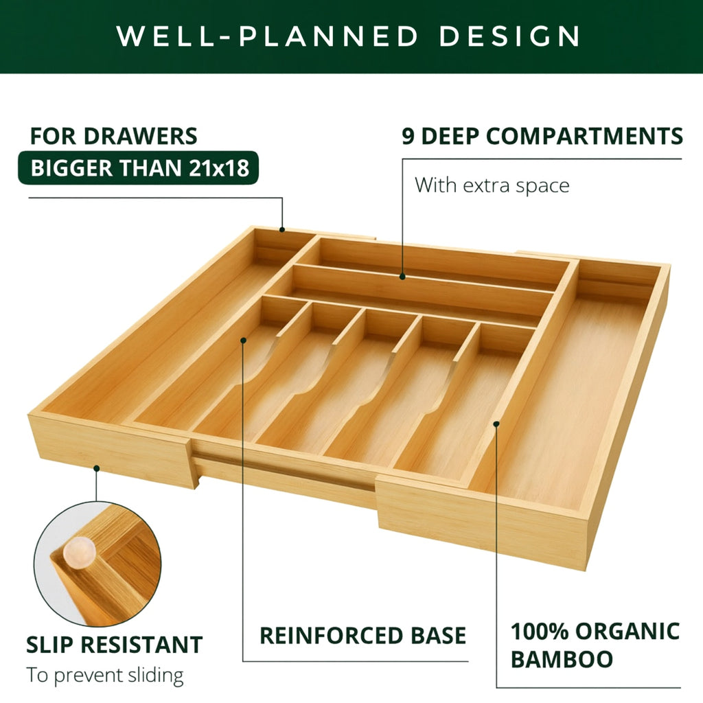 Forestroot Bamboo Drawer Organizer – Expandable 9 Slot Silverware & Utensil Tray for Kitchen, Office & Kitchen –Fits 13”–19.6” Drawers, Natural Bamboo Wood, Deep Compartments - Durable & Eco-Friendly