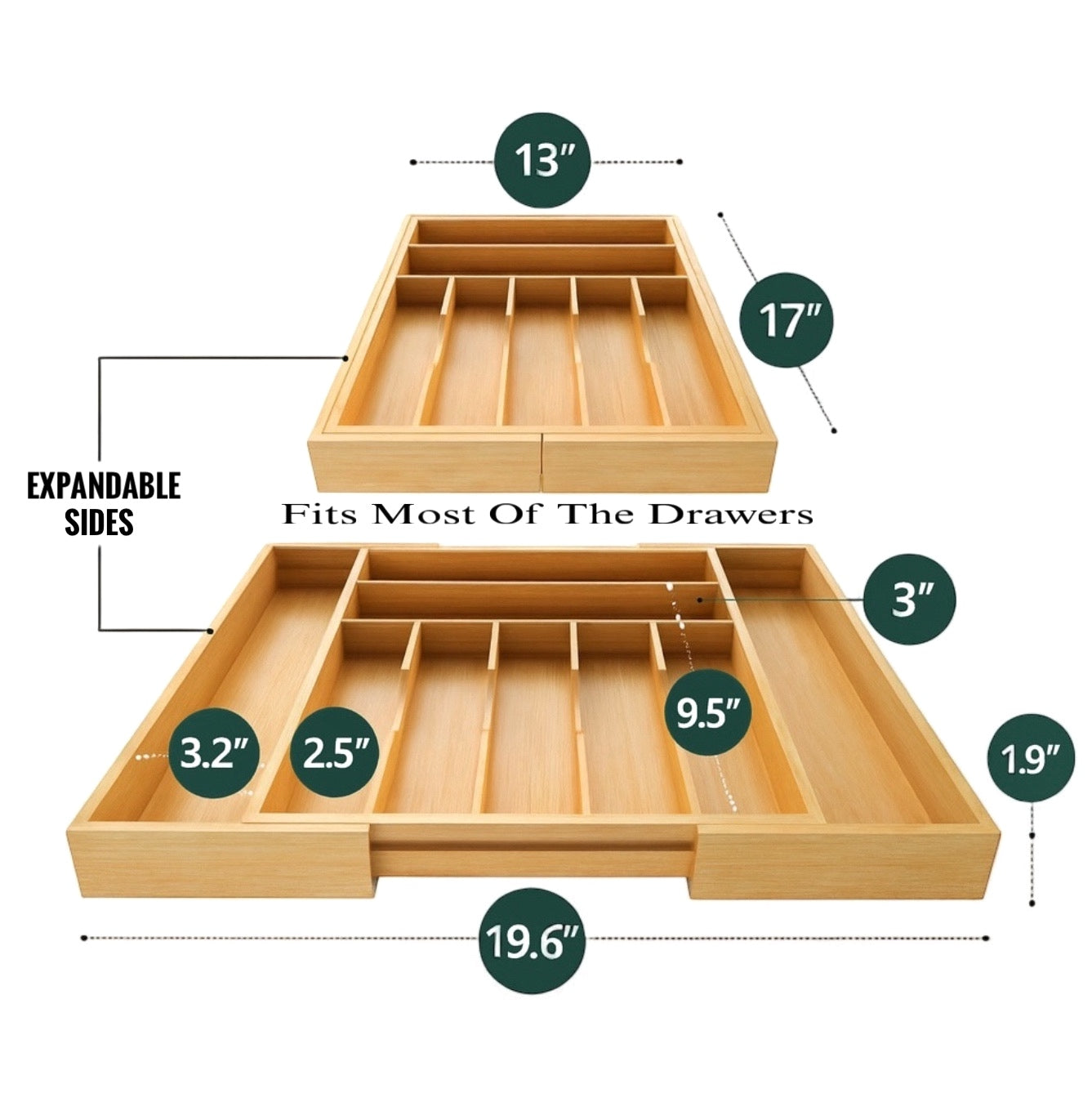 Forestroot Bamboo Drawer Organizer – Expandable 9 Slot Silverware & Utensil Tray for Kitchen, Office & Kitchen –Fits 13”–19.6” Drawers, Natural Bamboo Wood, Deep Compartments - Durable & Eco-Friendly