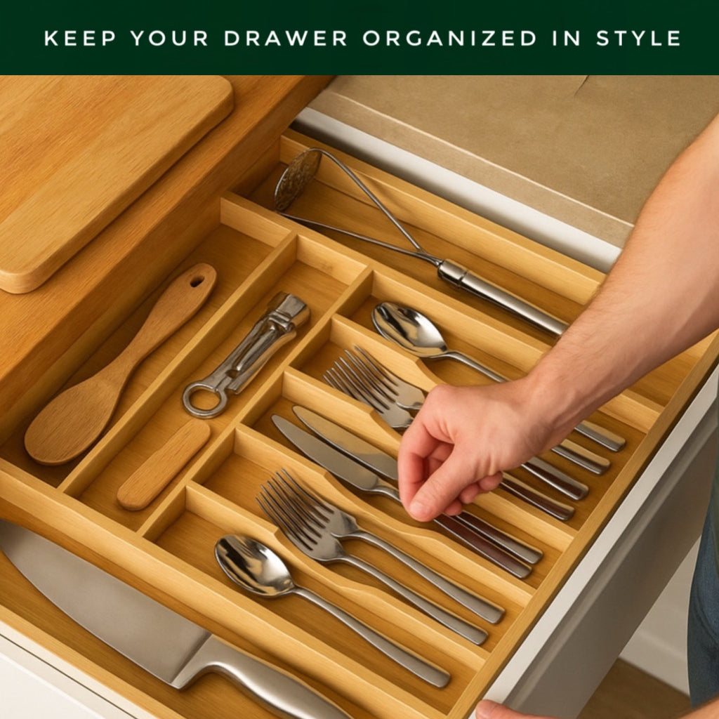 Forestroot Bamboo Drawer Organizer – Expandable 9 Slot Silverware & Utensil Tray for Kitchen, Office & Kitchen –Fits 13”–19.6” Drawers, Natural Bamboo Wood, Deep Compartments - Durable & Eco-Friendly