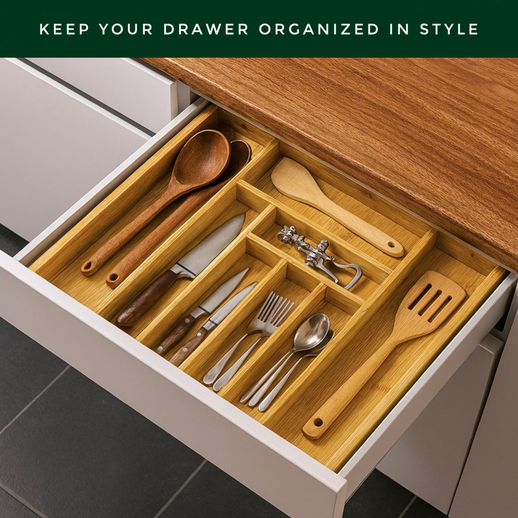 Forestroot Bamboo Drawer Organizer, Expandable 8-Slot Silverware & Utensil Tray for Kitchen Drawers, Fits 13–19.5 Inch Drawers, Deep Compartments, Durable & Eco-Friendly Natural Bamboo
