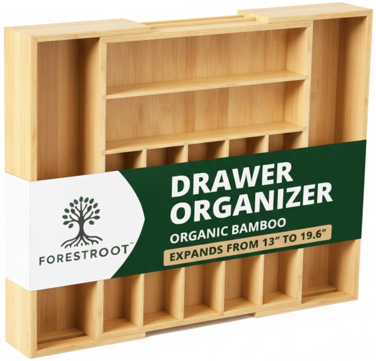 Forestroot Bamboo Drawer Organizer – Expandable 9 Slot Silverware & Utensil Tray for Kitchen, Office & Kitchen –Fits 13”–19.6” Drawers, Natural Bamboo Wood, Deep Compartments - Durable & Eco-Friendly