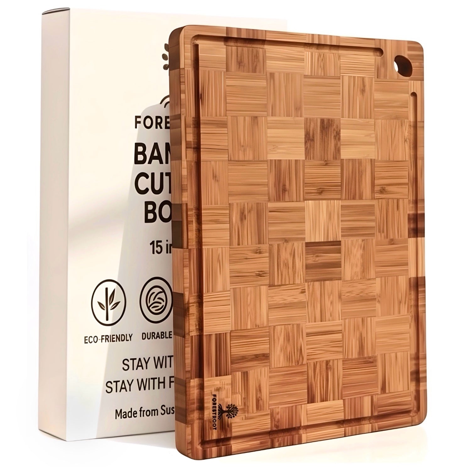 Forestroot Premium Bamboo Cutting Board-15x10 Inch - End Grain Heavy Duty Cutting Board with Juice Groove, Built-In Handle & Hanging Hole, Knife-Safe Chopping Board for Meat, Vegetables & Kitchen Prep